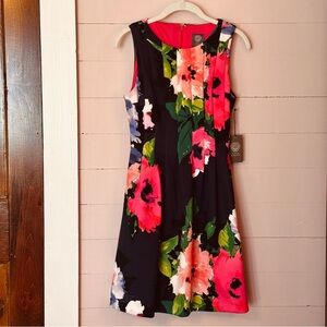 NWT Vince Camuto Pleated Sleeveless Floral Dress Blue & Pink Roses, Pockets, 4